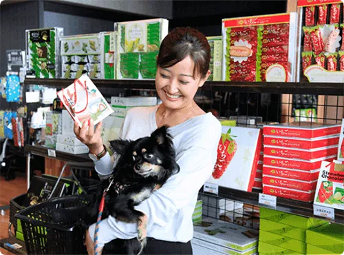 愛犬とお土産を選ぶ画像